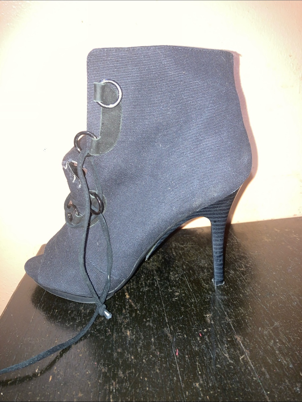 Black Lace-Up Peep Toe Stiletto Ankle Bootie